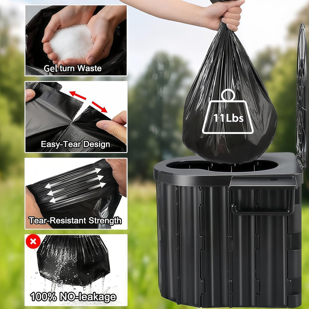 Portable Camping Toilet for Adults With Urine Gel & Leak-Proof Bags | Washable, 12-Inch Extra Wide Seat, Hold Up to