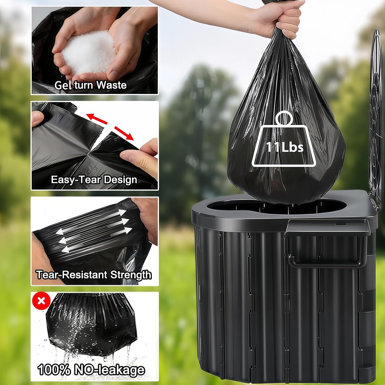 Portable Camping Toilet for Adults With Urine Gel & Leak-Proof Bags | Washable, 12-Inch Extra Wide Seat, Hold Up to