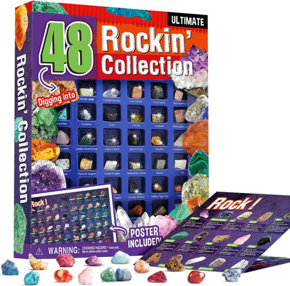 Rocks Collection 48 PCS Gemstones - STEM Geology Kit for Kids with ID Guide | Includes Tiger’s Eye, Rose Quartz, Red