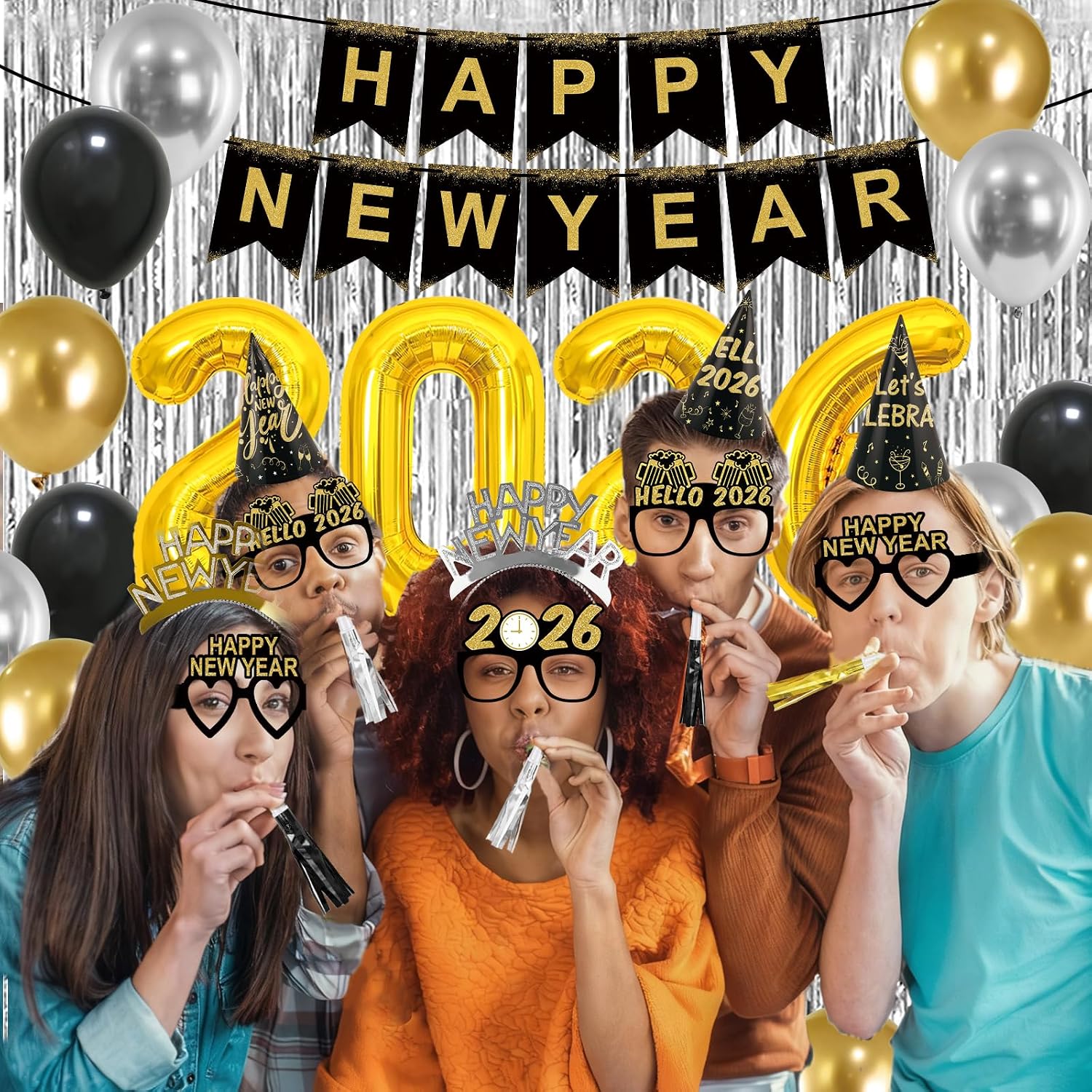New Years Eve Party Supplies 2026 New Years Decorations Happy New Year Banner 2026 Balloons Hats Glasses Tiaras