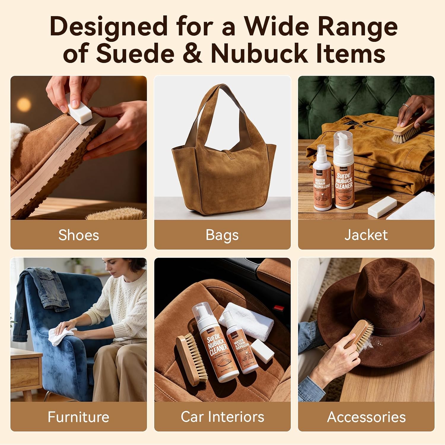 Suede and Nubuck Shoe Cleaner Kit, 5-in-1 Cleaning and Protector Spray with Suede Brush & Eraser, Cloth, Safely