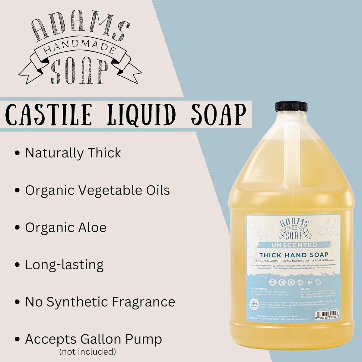 Thick Organic Castile Liquid Hand Soap 1 Gallon Refill- Unscented