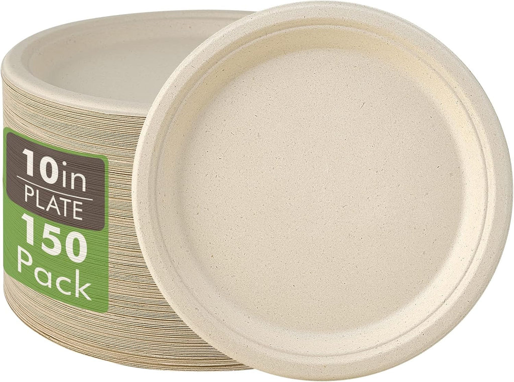 150 Pack Compostable Bagasse Paper Plates 10.25 inch, Nature