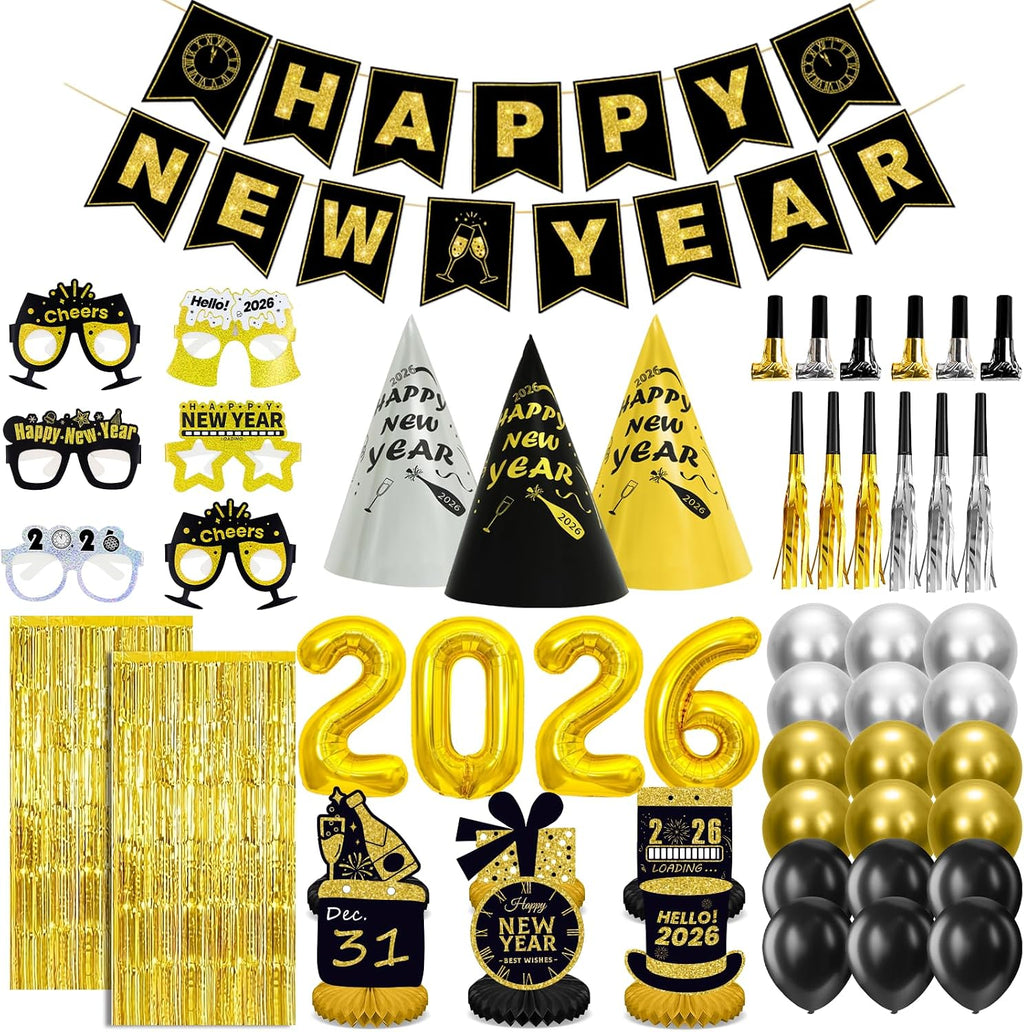 New Years Eve Party Supplies 2026 for 12, New Years Eve Party Decorations, 6 Hat, 6 Glasses, 12 blowouts, 6 Table