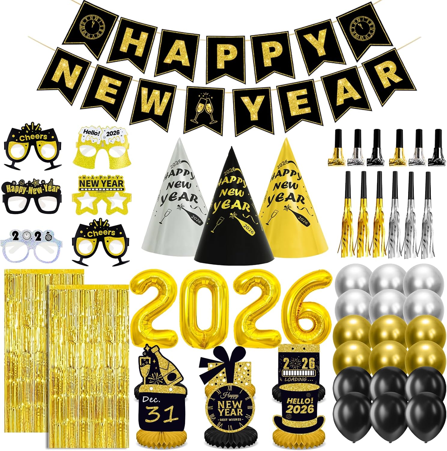 New Years Eve Party Supplies 2026 for 12, New Years Eve Party Decorations, 6 Hat, 6 Glasses, 12 blowouts, 6 Table