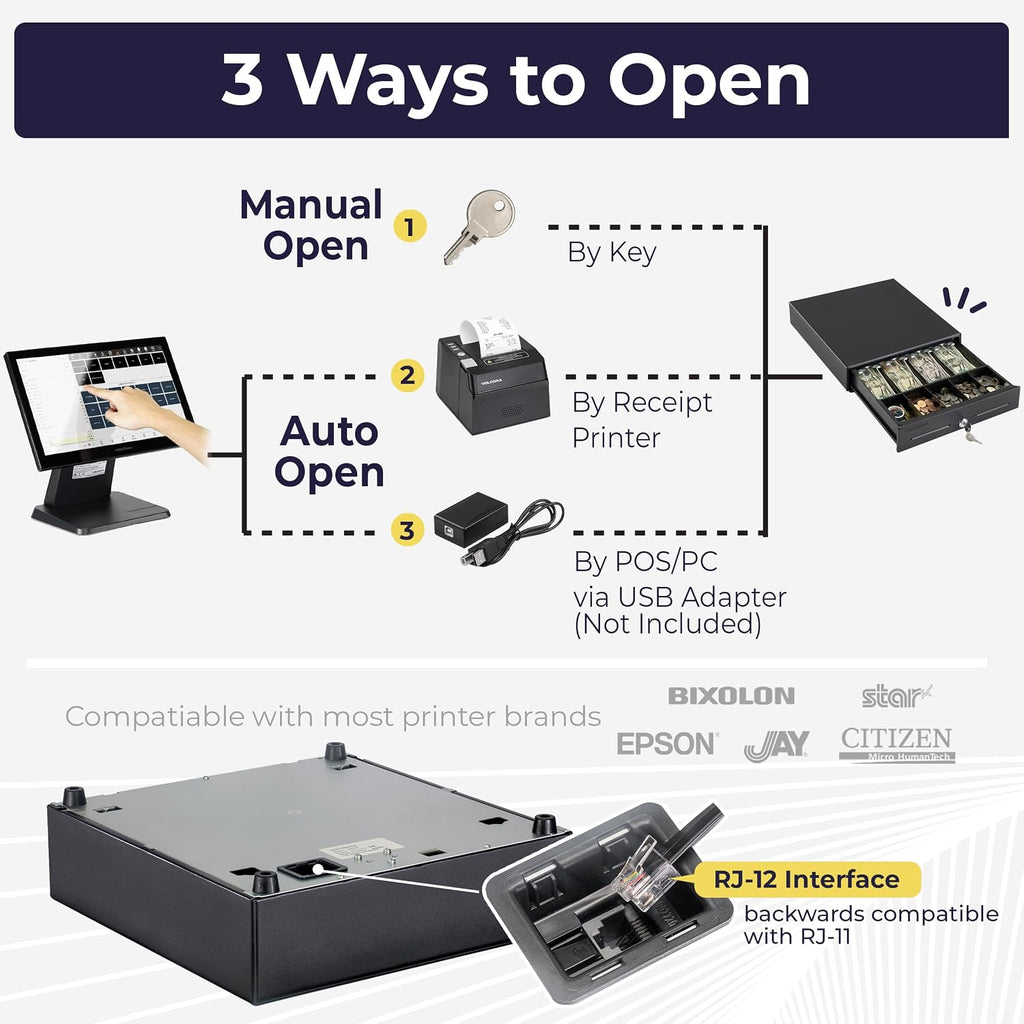 13" POS Cash Register Drawer, 4 Bill 6 Coin Tray, Removable Coin Compartment, 12-24V RJ11/RJ12 Key-Lock, Media Slot