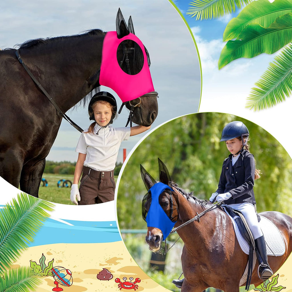3 Pcs Horse Fly Mask with Ears, L, Purple, Blue, Pink