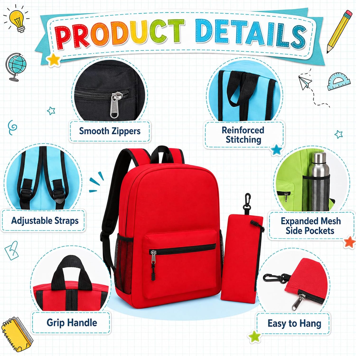 168 Pcs Backpacks Bulk with School Kits Pencil Bags Pens Rulers Glue Sticks Scissors Sharpeners Erasers (Classic)