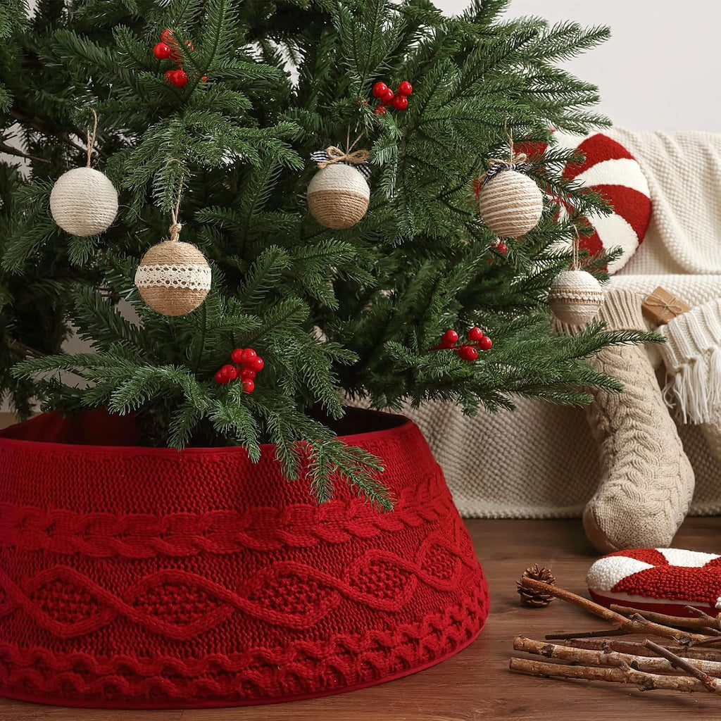 Knitted Christmas Tree Collar: Burgundy Cable Knit Styles Christmas Tree Collars for Artificial Trees, Crossed