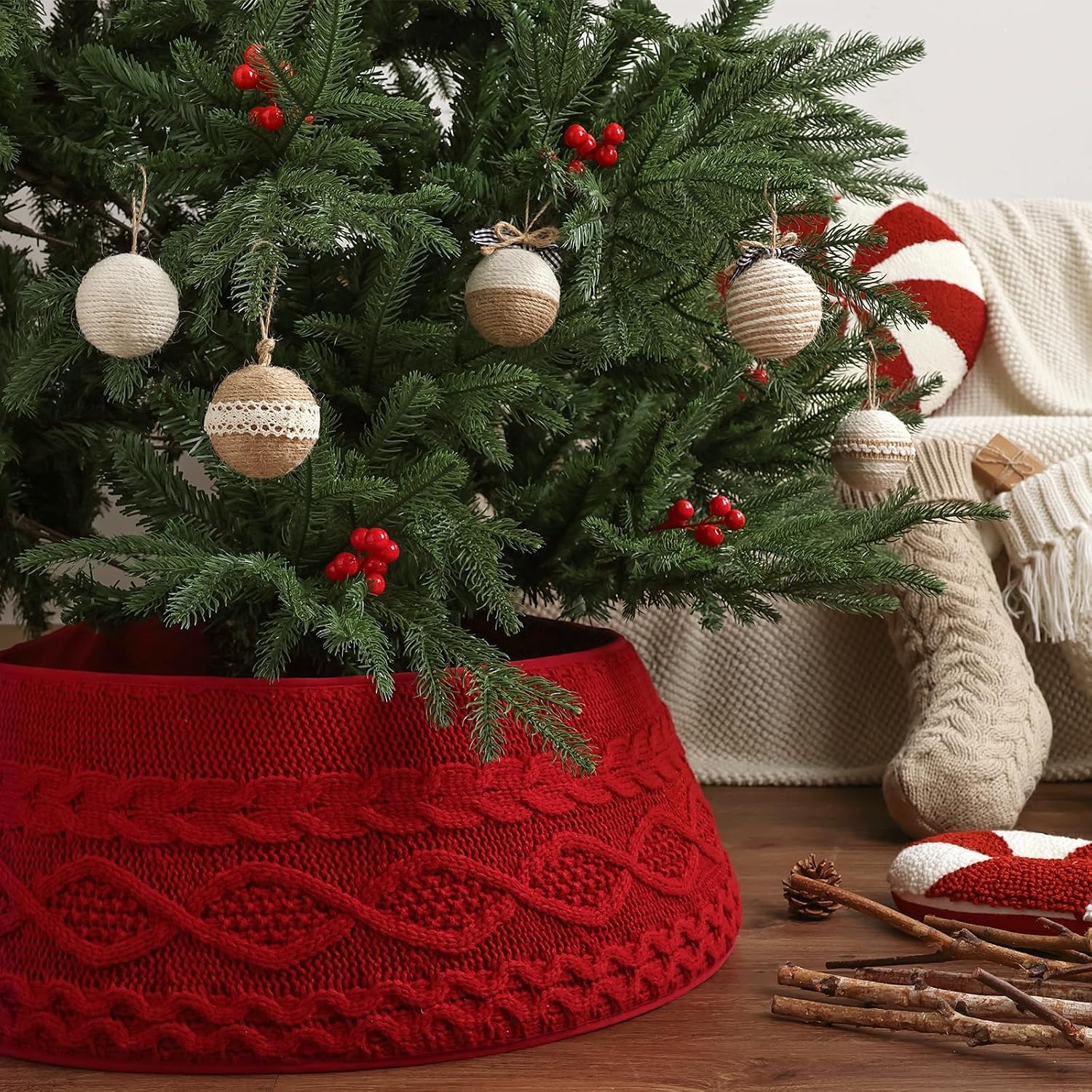 Knitted Christmas Tree Collar: Burgundy Cable Knit Styles Christmas Tree Collars for Artificial Trees, Crossed