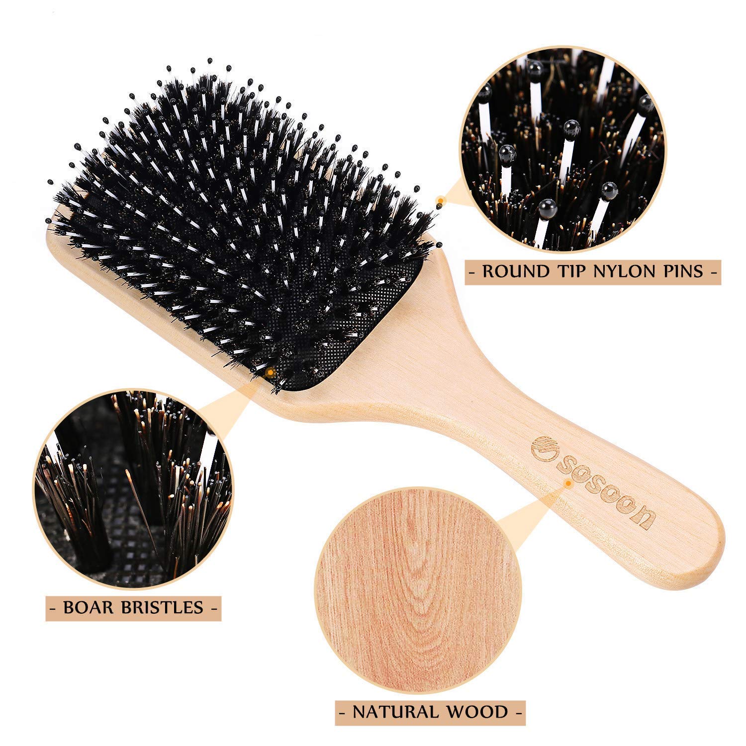 Hair Brush, 2 Pack Boar Bristle Paddle Hairbrush for Women Men Kids Reducing Frizzy, No More Tangle, Small Travel