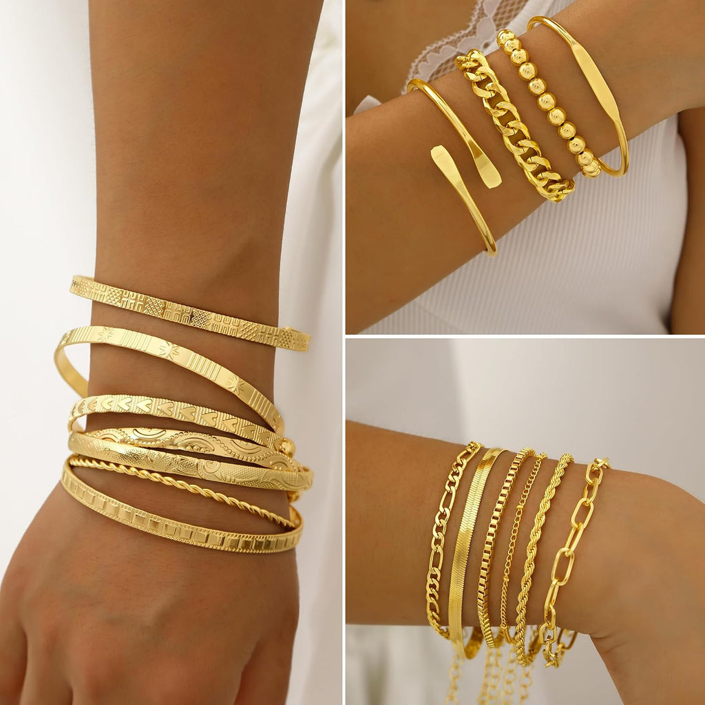 68 Pcs Gold Jewelry Set for Women with 7 Necklace, 17 Bracelet, 5 Hoop Earrings, 15 Stud Earrings, 24 Knuckle Rings