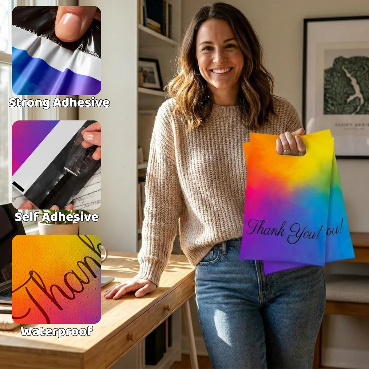 Rainbow Poly Mailers with Handle, 10x13, 100 Pack, Thank You Bags