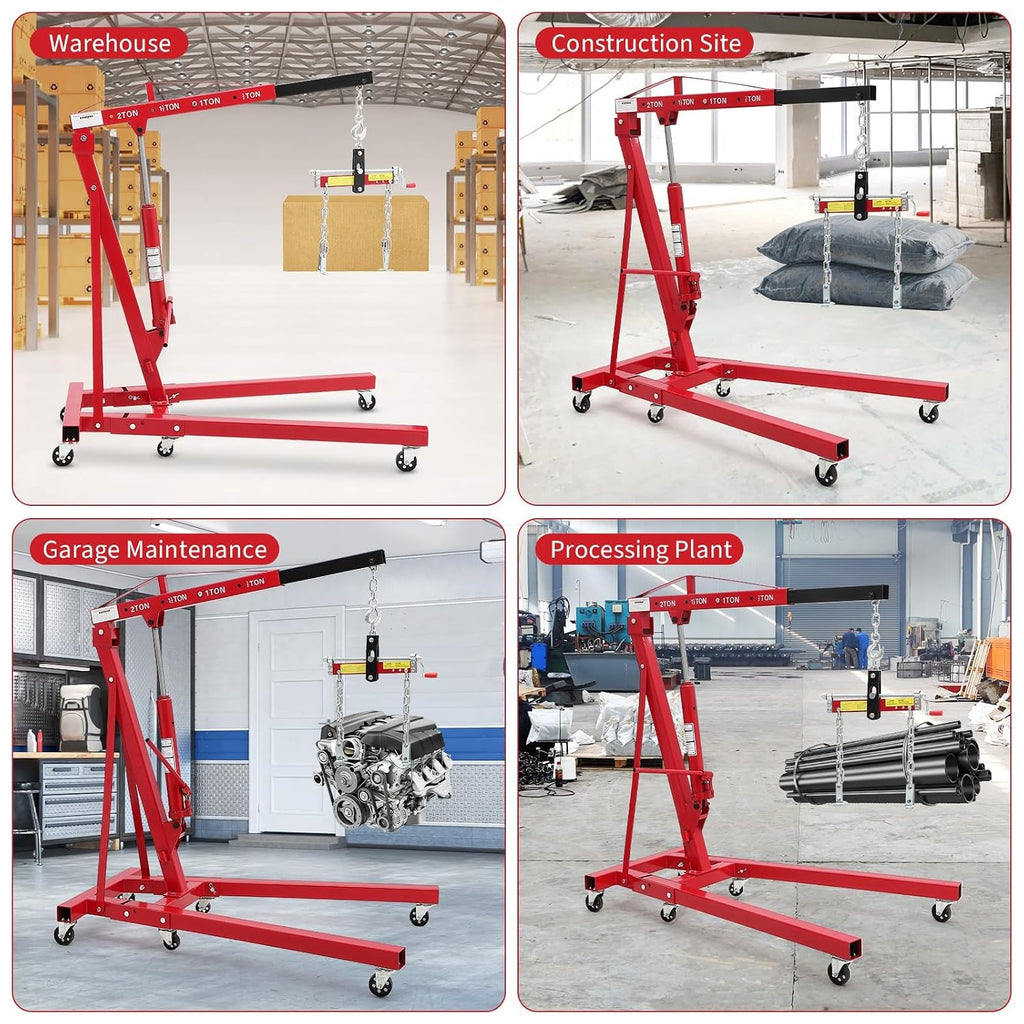 2 Ton Hydraulic Engine Hoist, 4400 LBS Folding Cherry Picker Crane with Adjustable Boom & Load Leveler, 6 Swivel