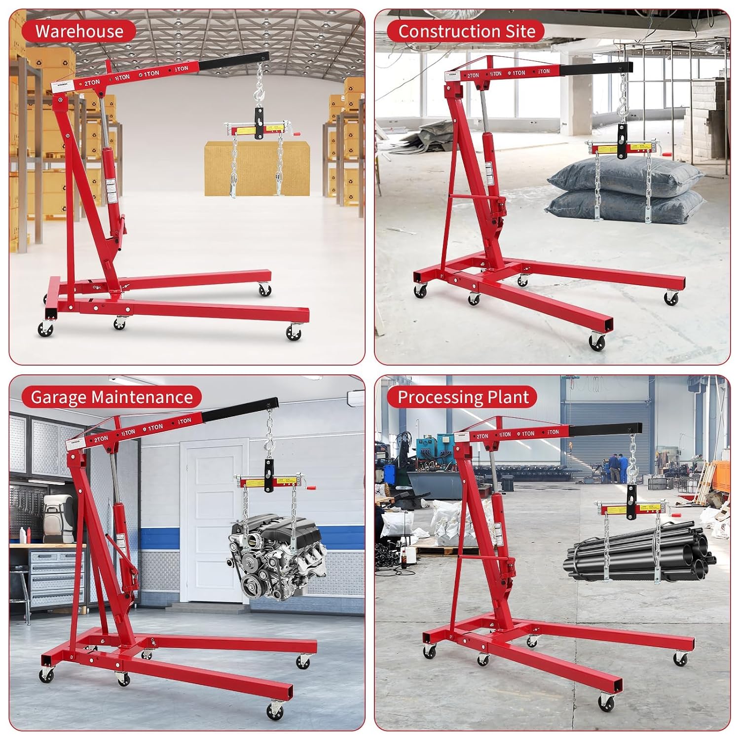 2 Ton Hydraulic Engine Hoist, 4400 LBS Folding Cherry Picker Crane with Adjustable Boom & Load Leveler, 6 Swivel