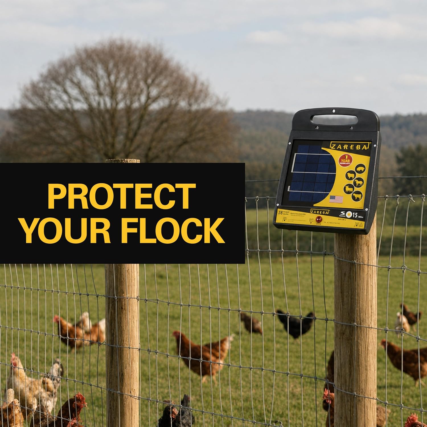 Solar Powered Low Impedance Electric Fence Charger, 15 Mile Solar Powered Electric Fence Energizer, Contain Animals