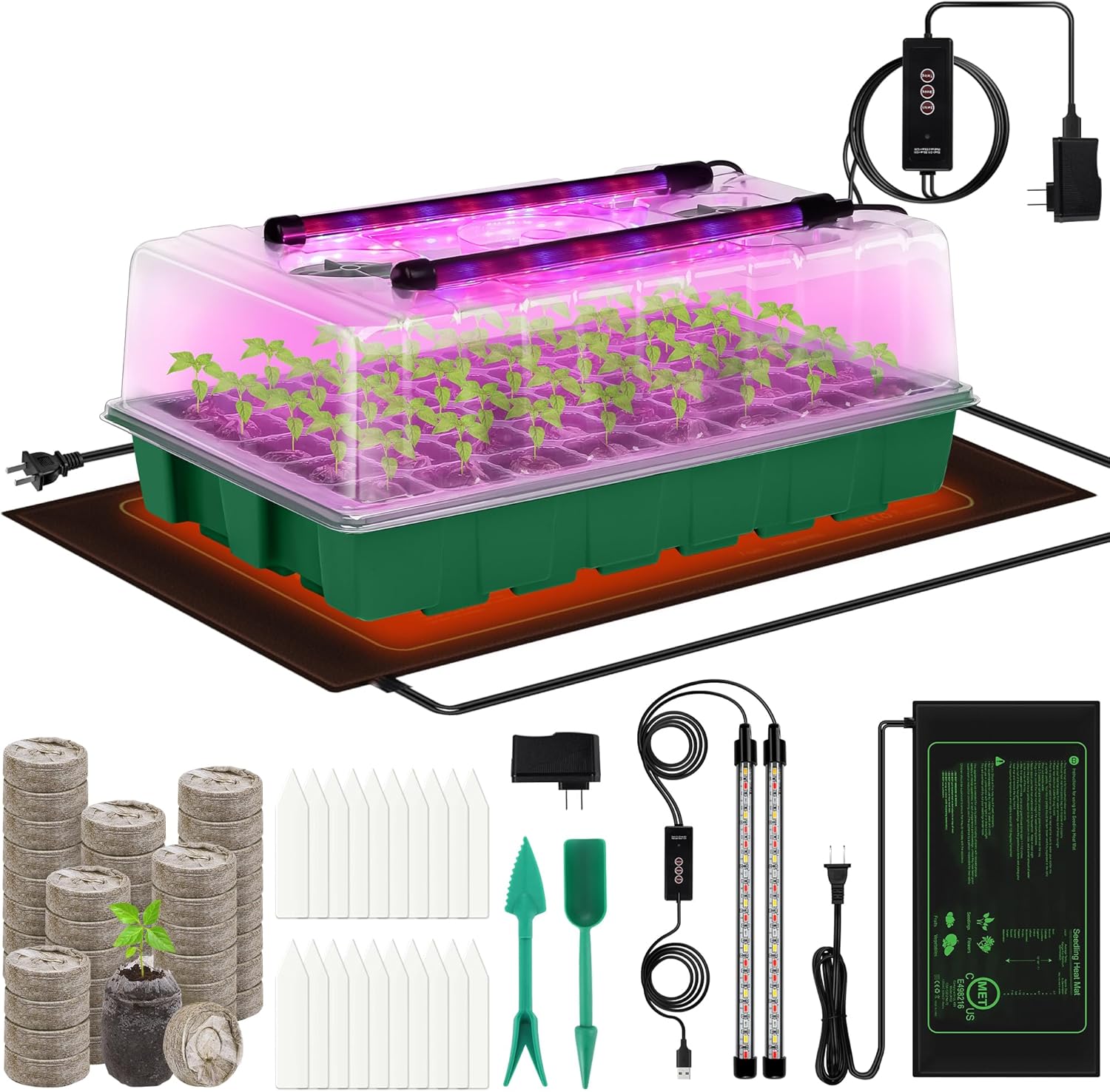 Seed Starter Kit 40-Cell Seed Starter Tray with Grow Lights Full Spectrum Seedling Heat Mat 40 Peat Pellets Seeds