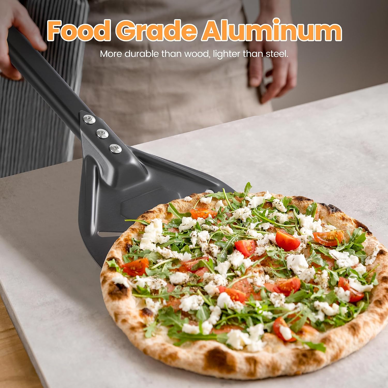 7” Pizza Turning Peel - Extra Long Handle Pizza Turner - Restaurant-Grade Aluminum Perforated Pizza Peel Lightweight