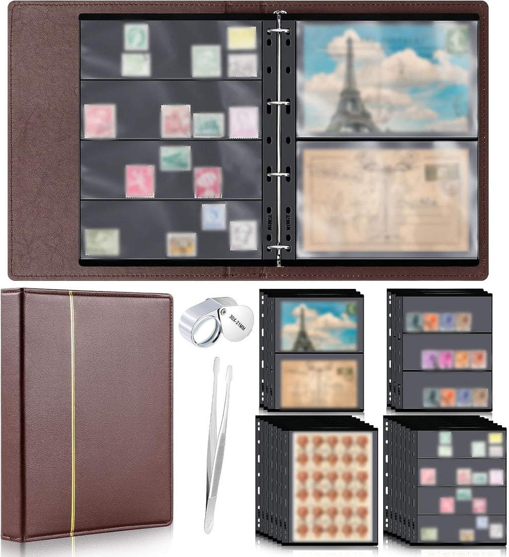 Stamp Collecting Album Binder Kit for Collectors, 1/2/3/4 Rows Banknotes Storage Book with 20 Stamp Pages, 4 Ring