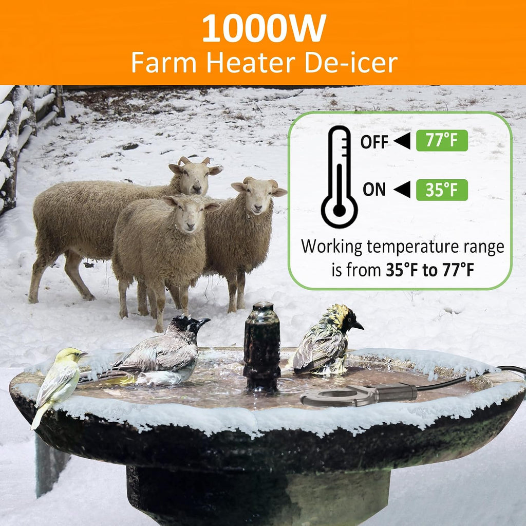1000W Utility De-Icer, Submergible Bird Bath Heater De-icer, Chicken Water Heater, Stock Tank Heater for Livestock