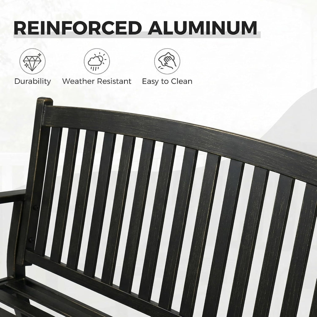 52" Farmhouse Outdoor Bench with Armrest, Black & Gold | Anti-rust Aluminum Frame, Faux Wood Grain Finish