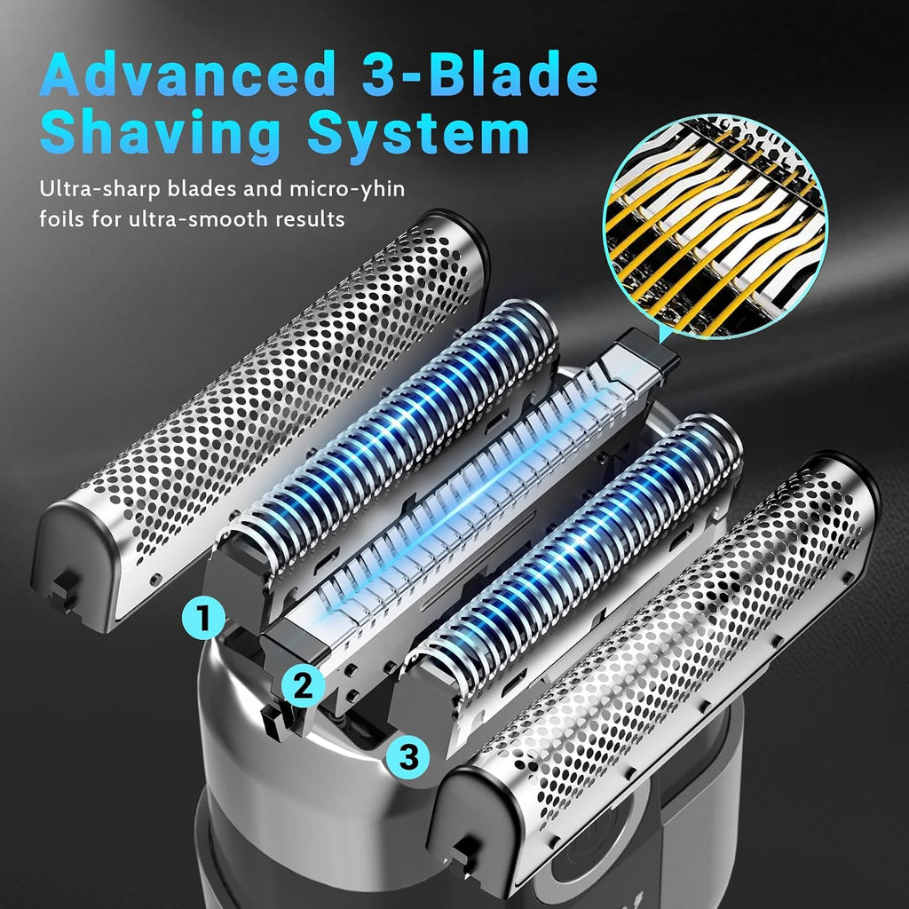 Foil Shavers for Men, Mini Electric Razor for Face | 3 Floating Blades; LED Display; IPX7 Waterproof; Wet Dry Use;