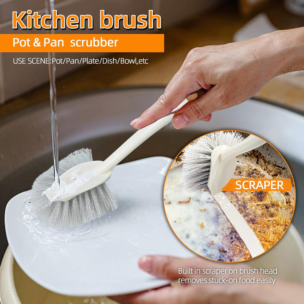 5-Pack Heavy Duty Scrub Brushes Set with Wooden Handles, Multi-Surface Scrubber for Kitchen, Bathroom, Tile & Grout