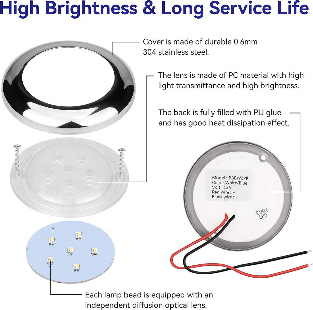 RVZONE 3" White & Blue Dual‑Color Boat Courtesy Lights, 2‑Pack IP68