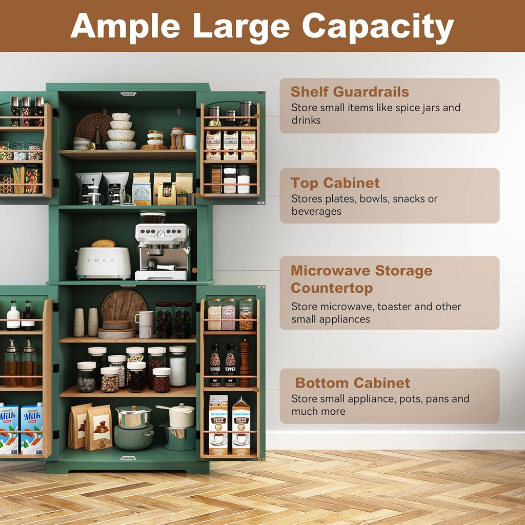 72" Kitchen Pantry Storage Cabinet with Open Countertop, Freestanding Larder Cupboard with Microwave Stand, Utility