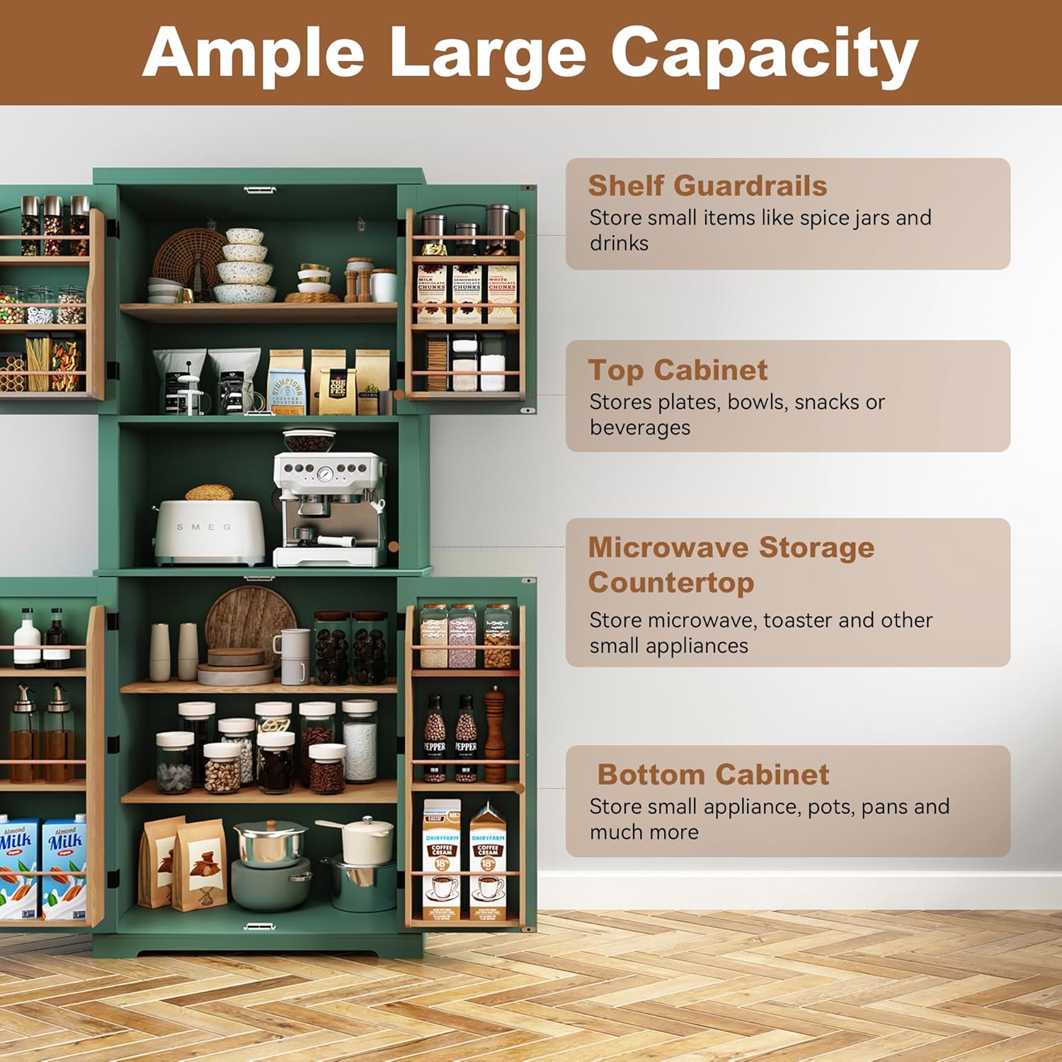 72" Kitchen Pantry Storage Cabinet with Open Countertop, Freestanding Larder Cupboard with Microwave Stand, Utility