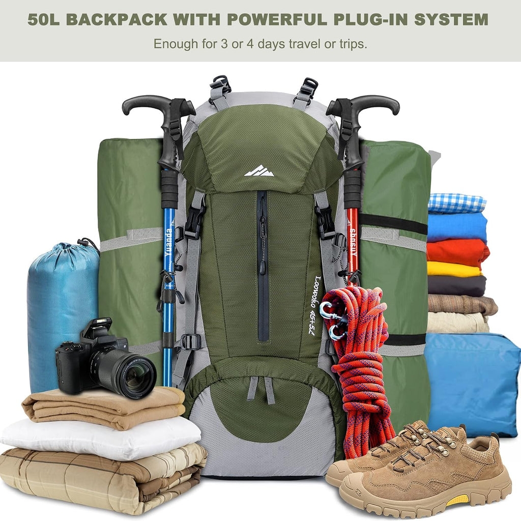 50L Hiking Backpack, Waterproof Camping Essentials Bag with Rain Cover, 45+5 Liter Lightweight Backpacking Back Pack