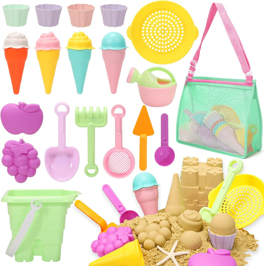 Beach Toys for Kids and Mesh Beach Bag with Zipper, Large Beach Tote with 8 Pockets, Sand Toys Storage Pool Bag Beach