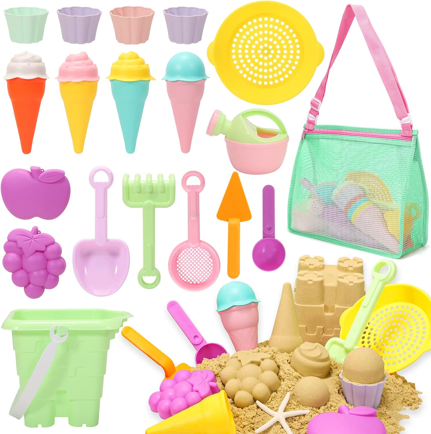 Beach Toys for Kids and Mesh Beach Bag with Zipper, Large Beach Tote with 8 Pockets, Sand Toys Storage Pool Bag Beach