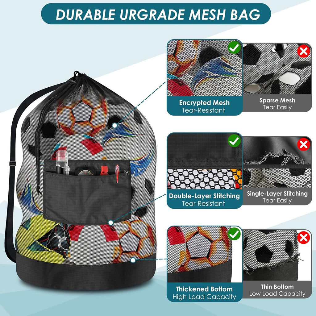 Extra Large Soccer Ball Net Bag, 40" x 30" Drawstring Mesh Ball Bag | with Zipper Pocket, Sports Equipment Bag for