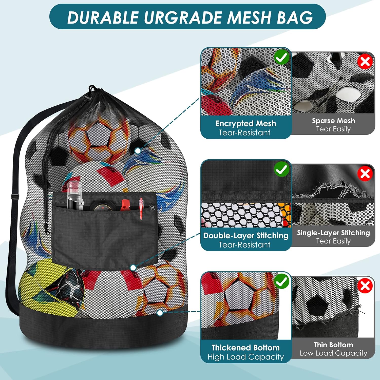 Extra Large Soccer Ball Net Bag, 40" x 30" Drawstring Mesh Ball Bag | with Zipper Pocket, Sports Equipment Bag for