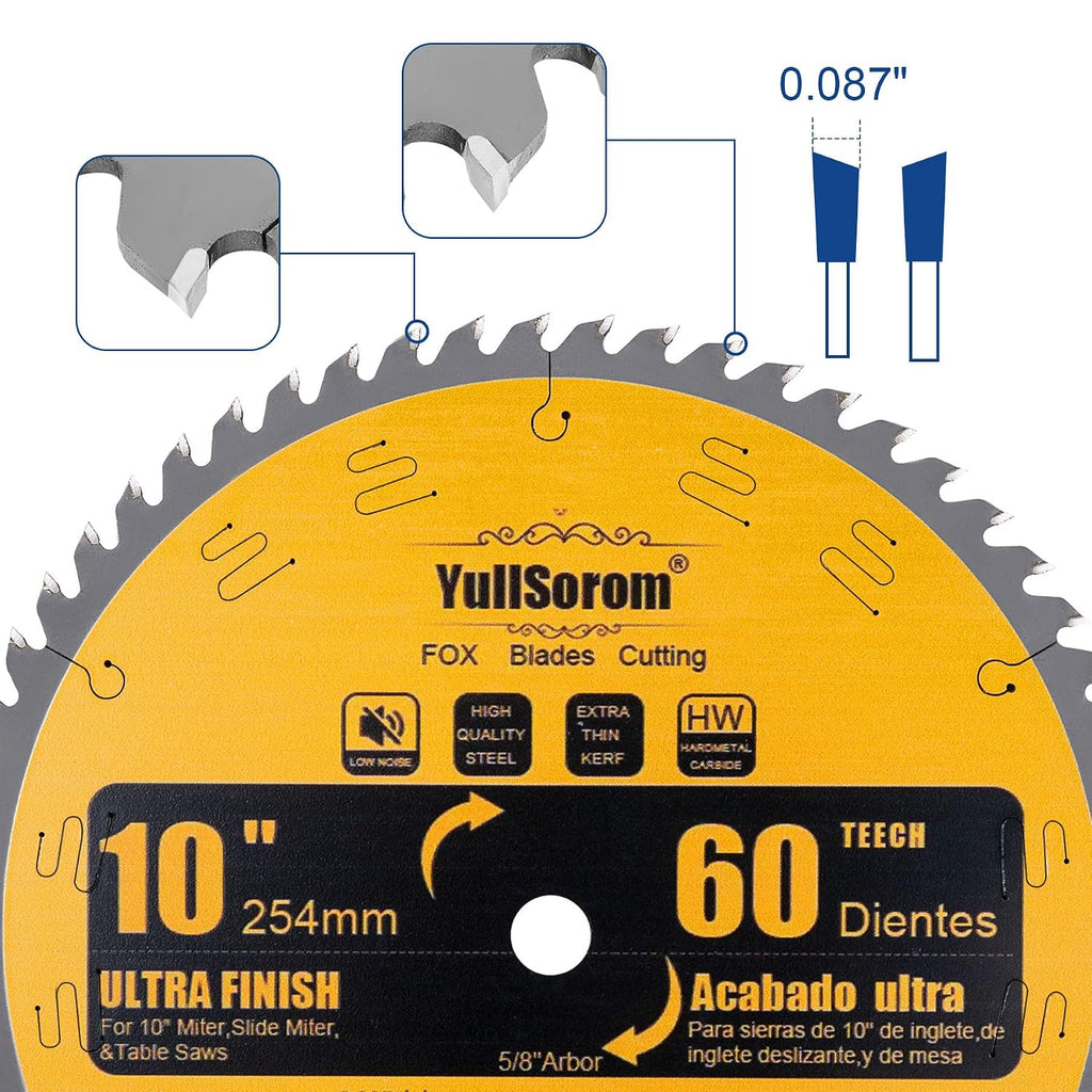 10 Inch Thin Kerf Fine Finish Crosscut Table Saw Blades, 60-Tooth ATB TCT Fine Finish Wood Cutting Circular Saw Blade
