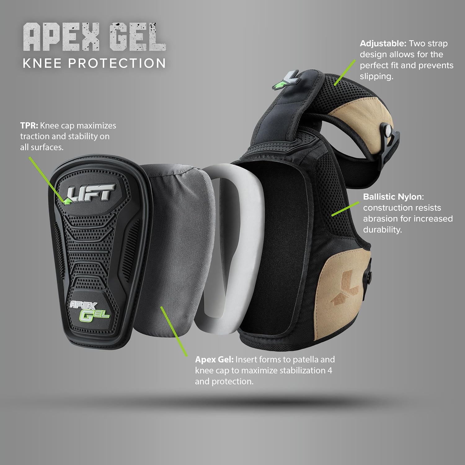 LIFT Apex Gel Knee Guards Gel-Injected Cushion for Comfort Shell Protection