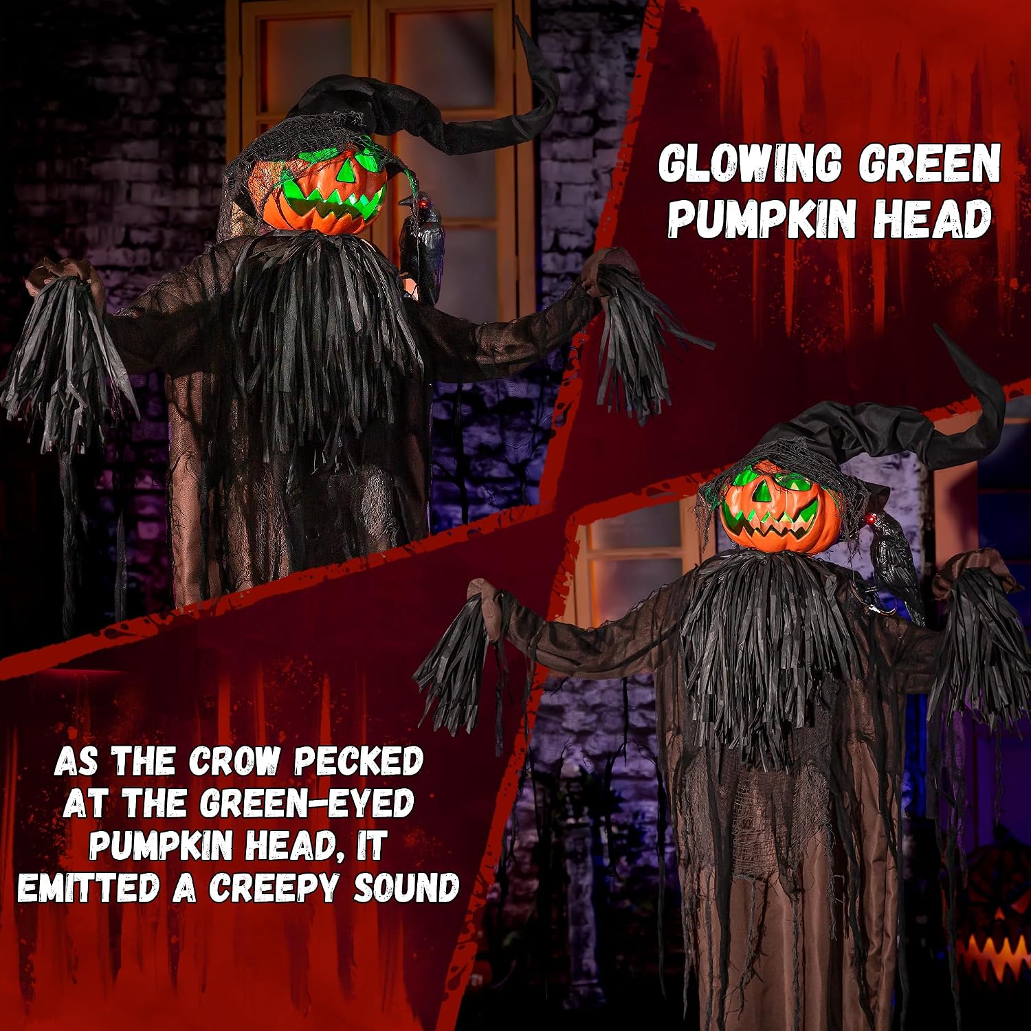 Halloween Animatronics Decorations, 5.5FT Animated Scarecrow with Pumpkin Head & Dynamic Crow, Sound Activated, Light