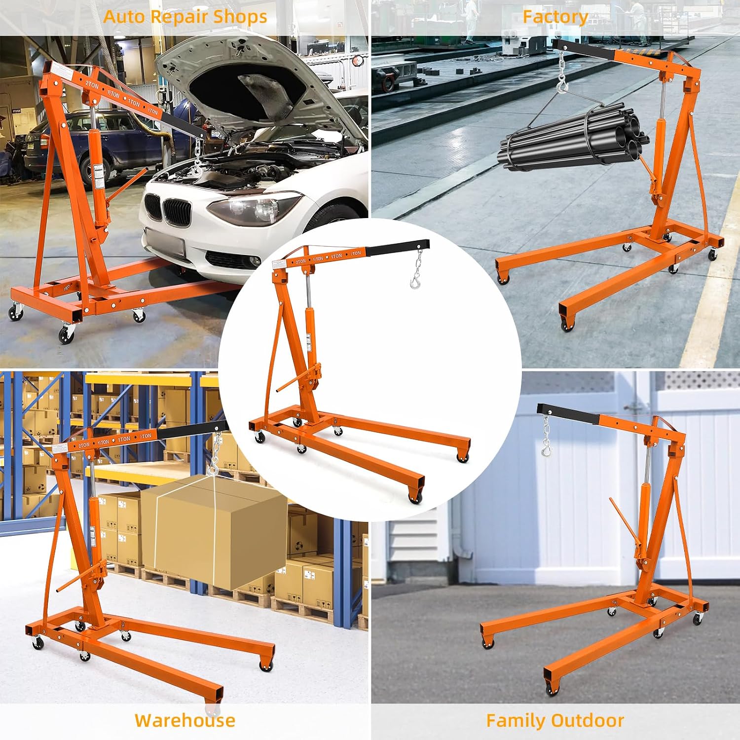 2 Ton Hydraulic Engine Hoist Cherry Picker, 4400LBS, Orange
