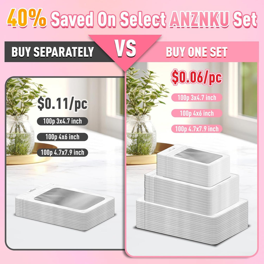 300 Pcs Mylar Bags 3 Size, White Resealable Smell Proof Bag Sealable
