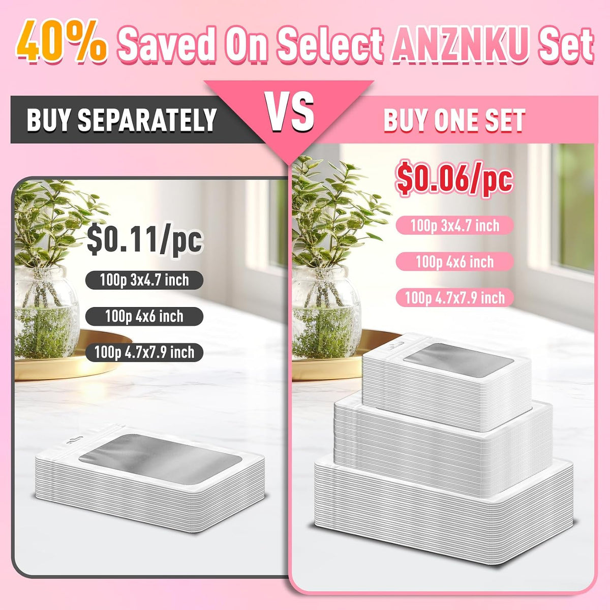 300 Pcs Mylar Bags 3 Size, White Resealable Smell Proof Bag Sealable