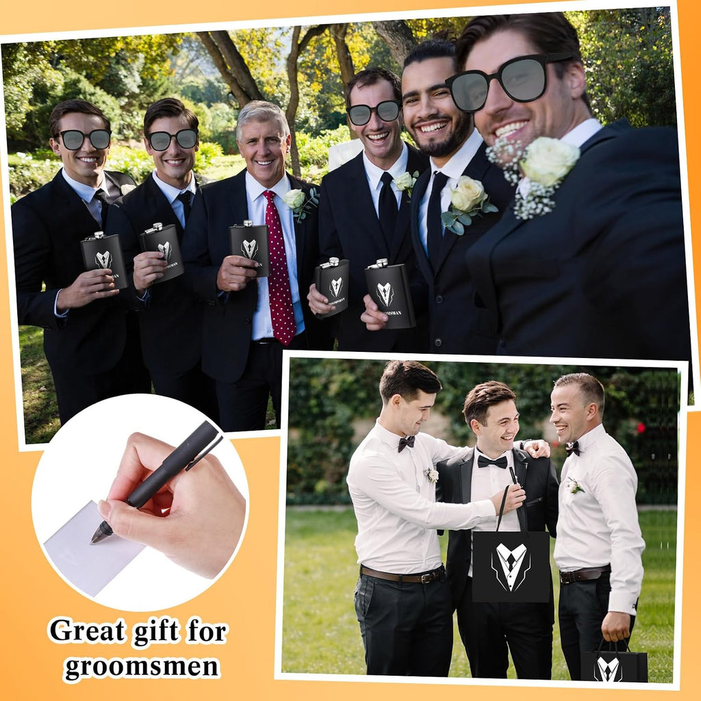 80 Pcs Groomsmen Gifts Set of 8, Groomsmen Proposal Gift Set, 8 Flask and 16 Stainless Steel Shot Glass 8 Wood Bottle