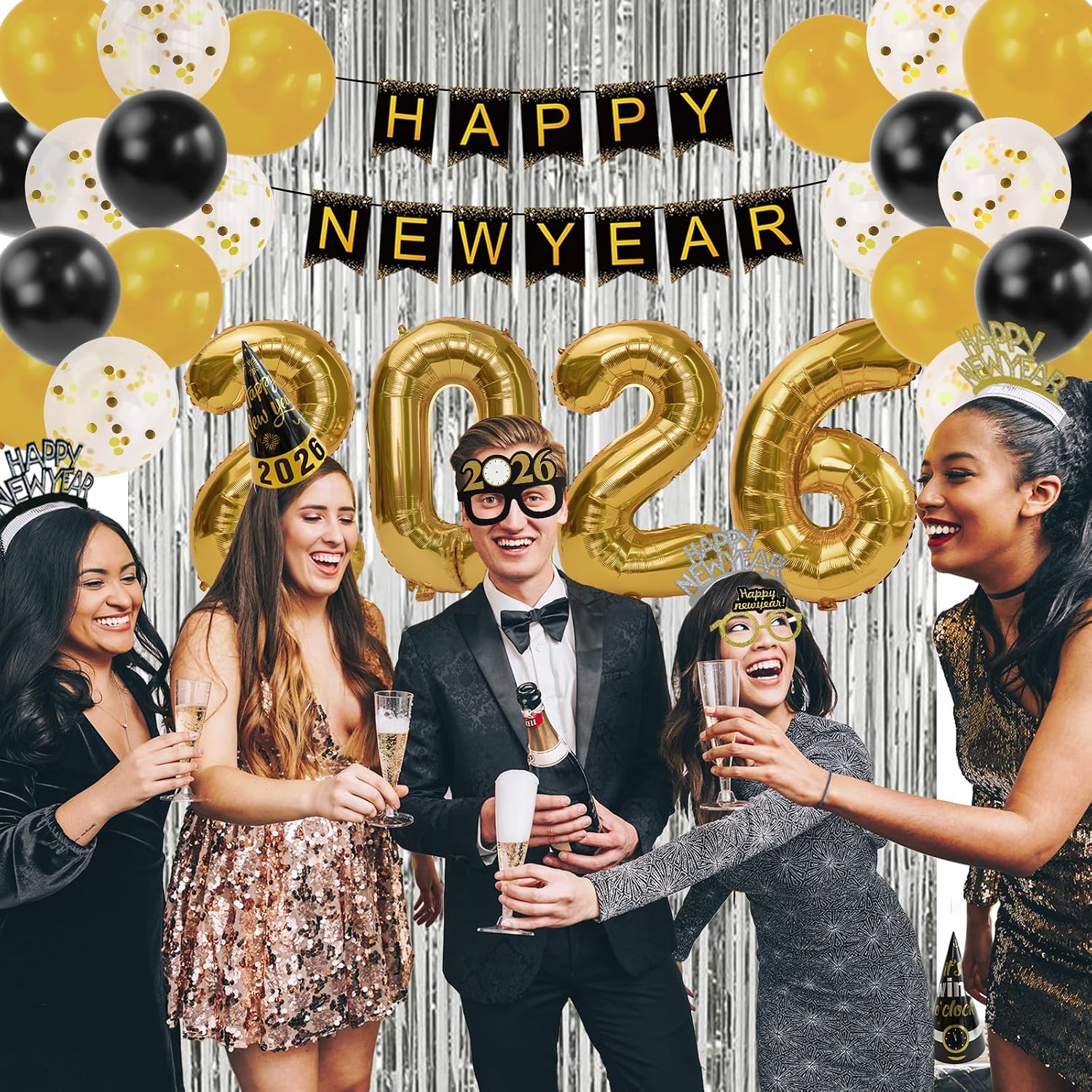 New Years Eve Party Supplies 2026 - Happy New Year Decorations Kit | Set of 50 Includes Banner, Hats, Ribbon
