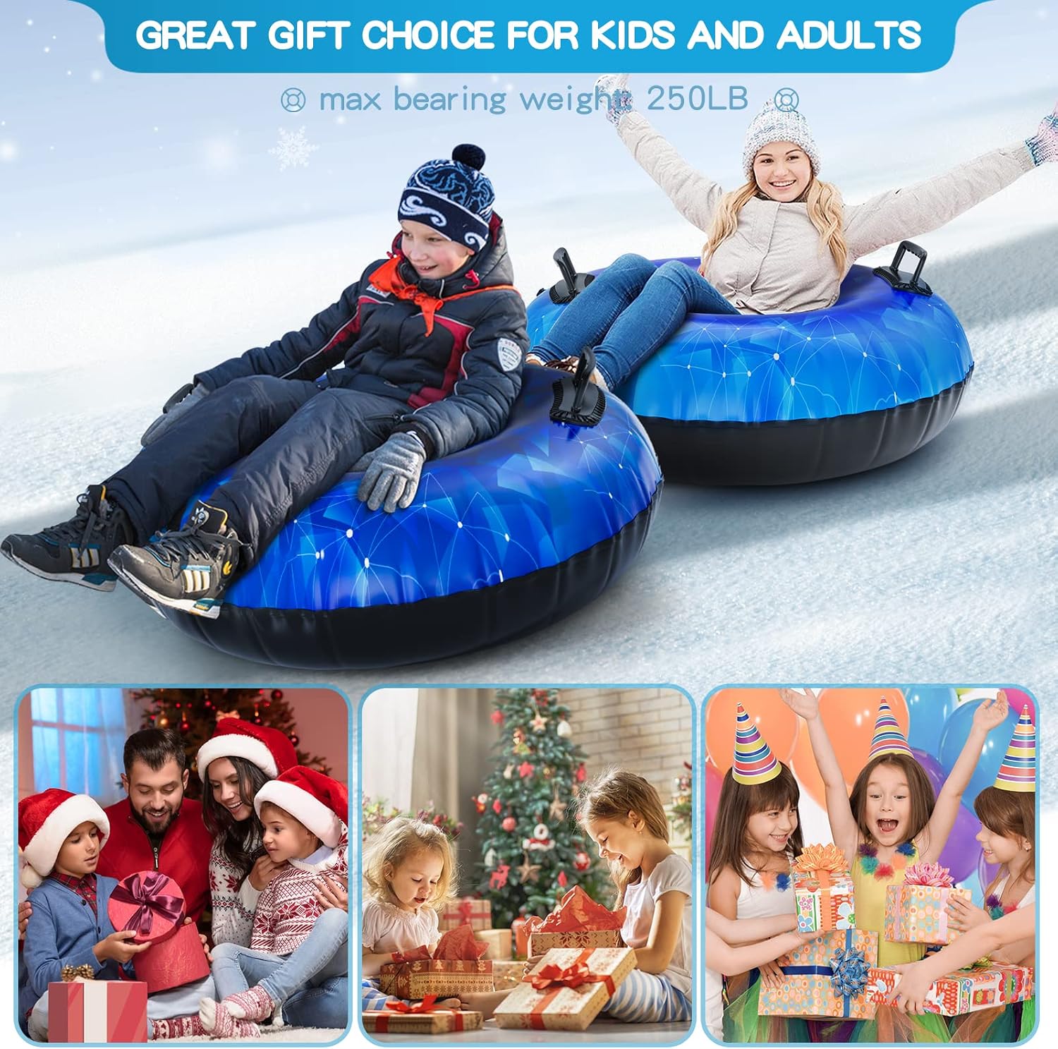 Snow Tube, WOLKEK 2 Pack 40" Inflatable Snow Sled for Kids and Adult, Thickened Heavy Duty Hard Bottom Sleds for Snow