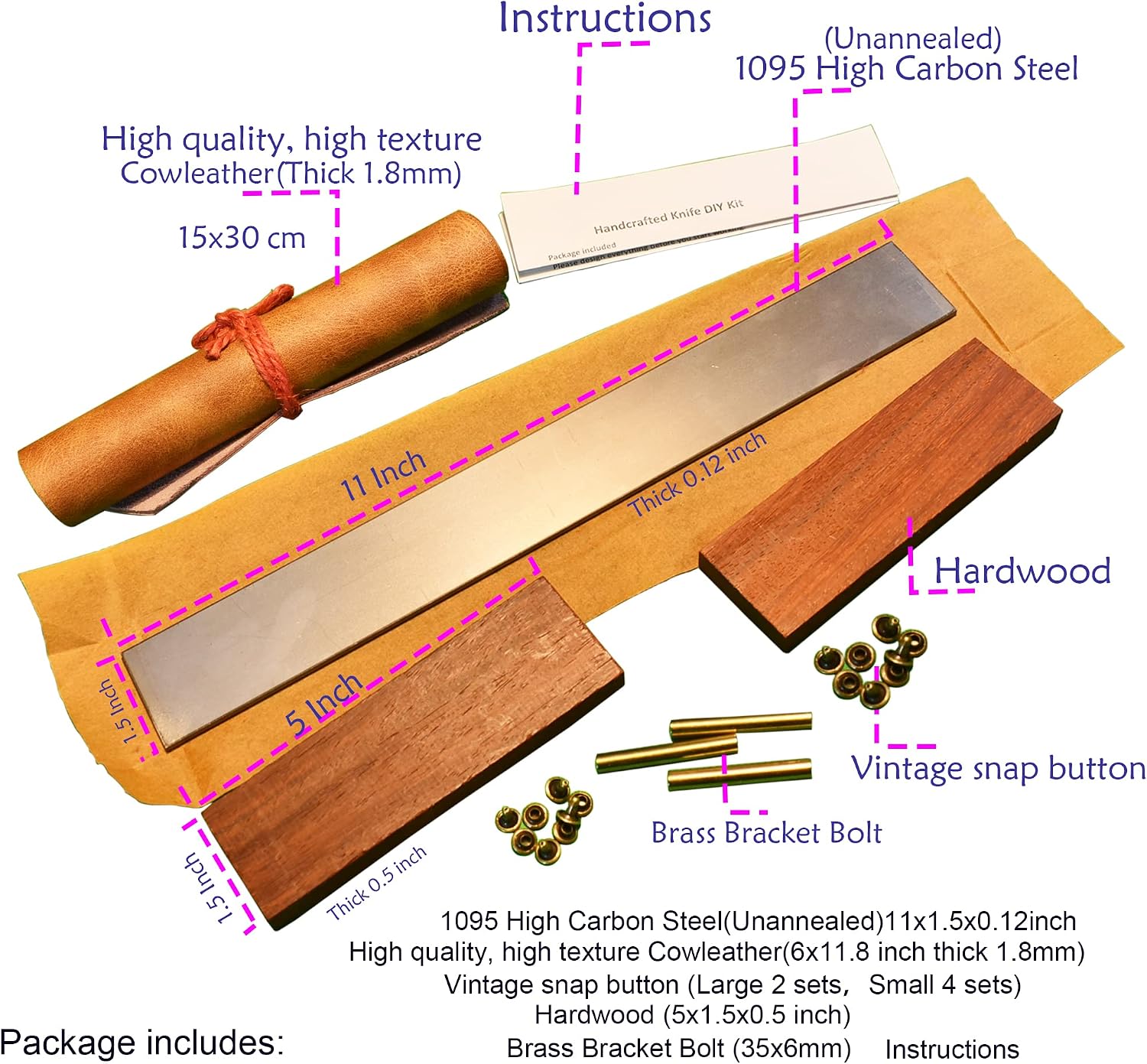 Knife Making Kit DIY Handmade Knife Kit Includes 1095 Knife Steel Blade, Pins, Handle Scales,Annealed High Carbon Steel