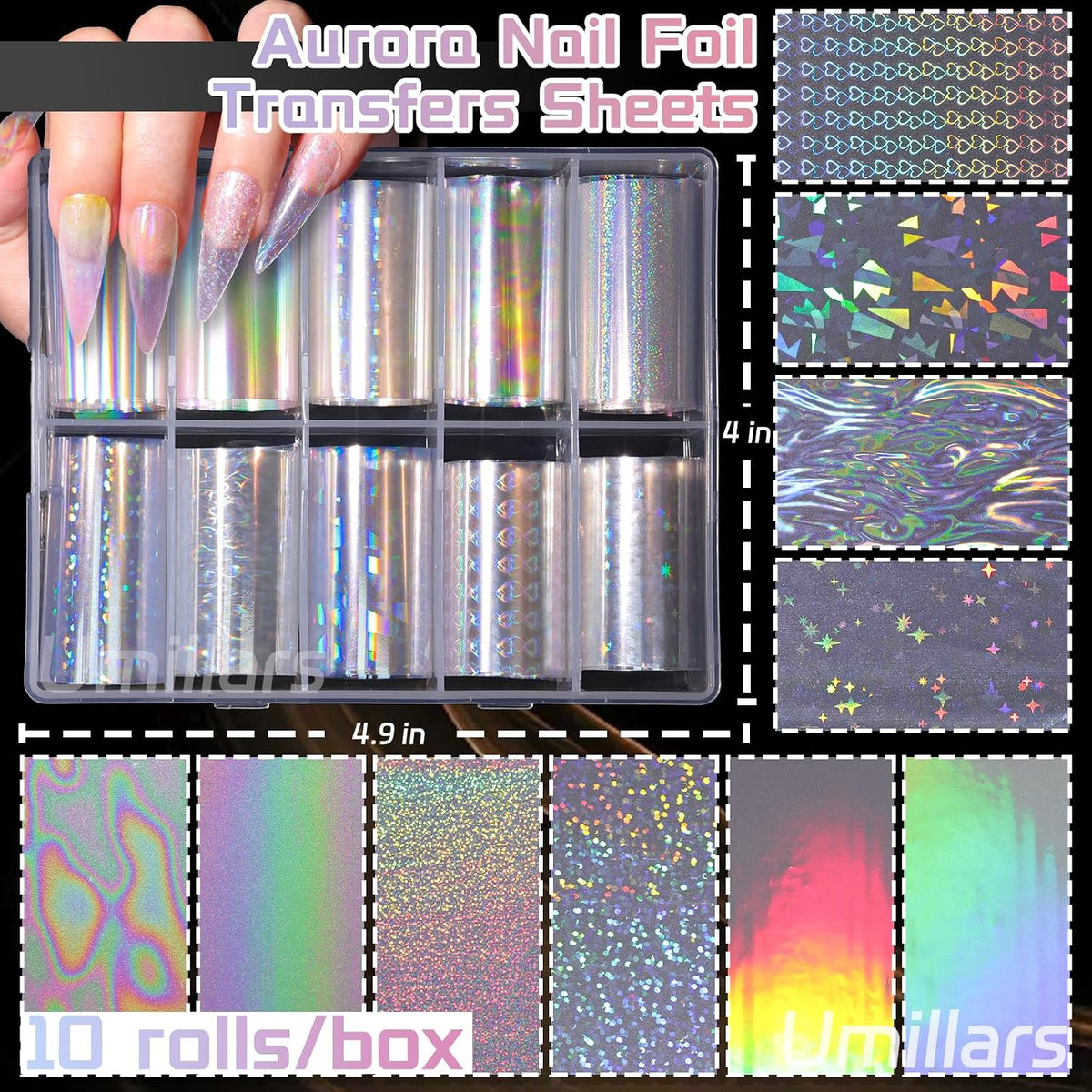 10-Roll Aurora Nail Foil Transfer Sheets Clear Laser Holographic Nail Foils
