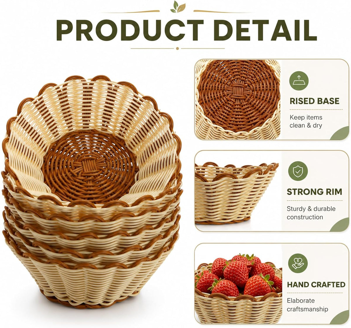 6 Pack Wicker Bread Baskets, 8 Inch Round Serving Baskets for Fast Food, Fruit, Breakfast, Restaurant, Bakery