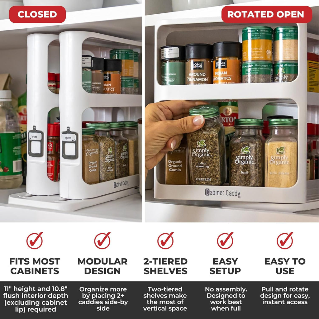 Spice Rack Organizer for Cabinet - Slide & Rotate Kitchen Organizers and Storage - 2 Double-Decker Shelves - Non-Skid