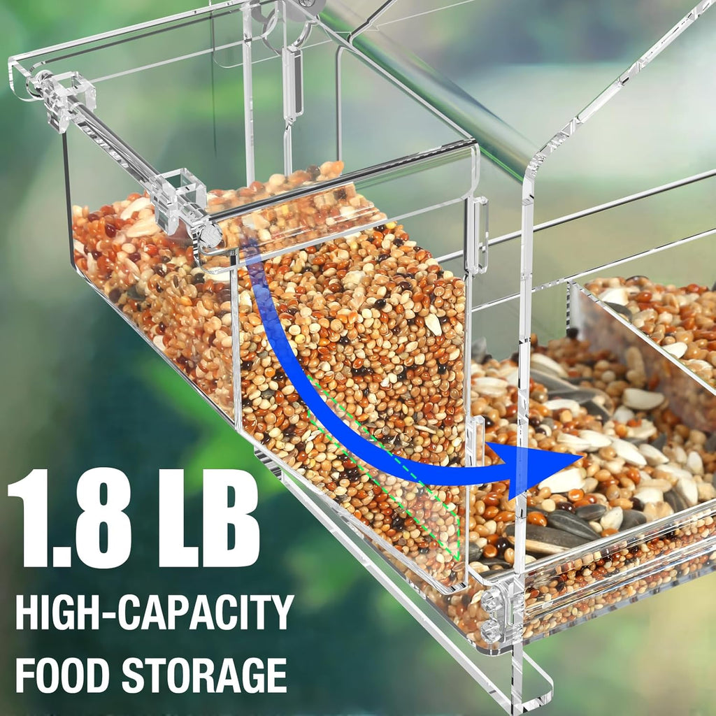Window Bird Feeder with Dual Side Storage, Strong Suction Cups and Adhesive