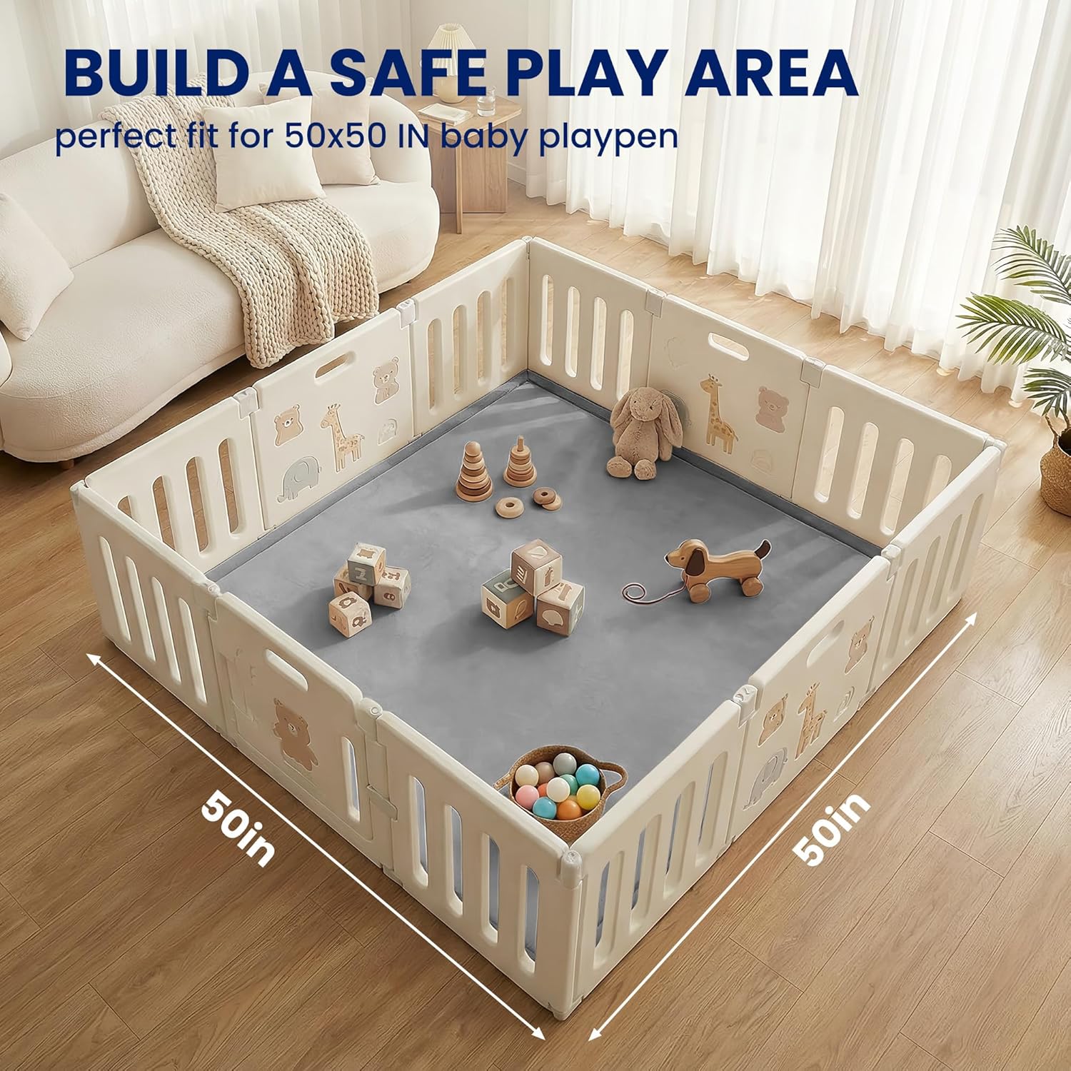 Ultra Soft Baby Play Mat for Floor,1.3" Thick Elasti-Foam 50x50 Playpen Mat for Toddlers Infant kids,Non-Slip Backing